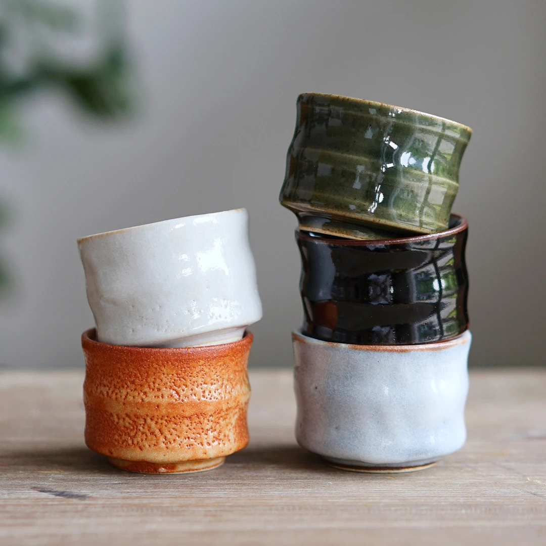 日本进口竹节形酒杯小盏日式侘寂风品茗杯五彩志野粗陶微醺清酒杯