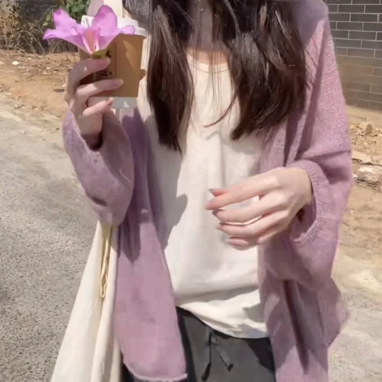 韩系马海毛灯笼袖纯色慵懒宽松薄款外套百搭夏季针织开衫女