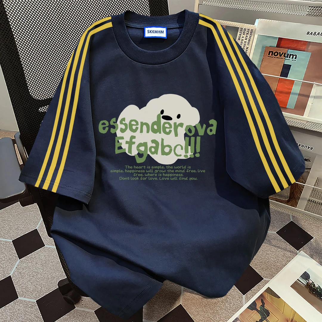 100%纯棉韩版ins潮牌云朵三条杠短袖t恤女夏季休闲短袖情侣上衣