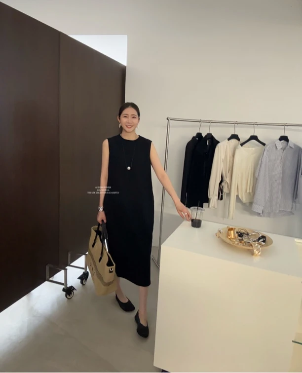 widelia夏季韩版显瘦开叉无袖连衣裙女7090修身纯色圆领长款裙子