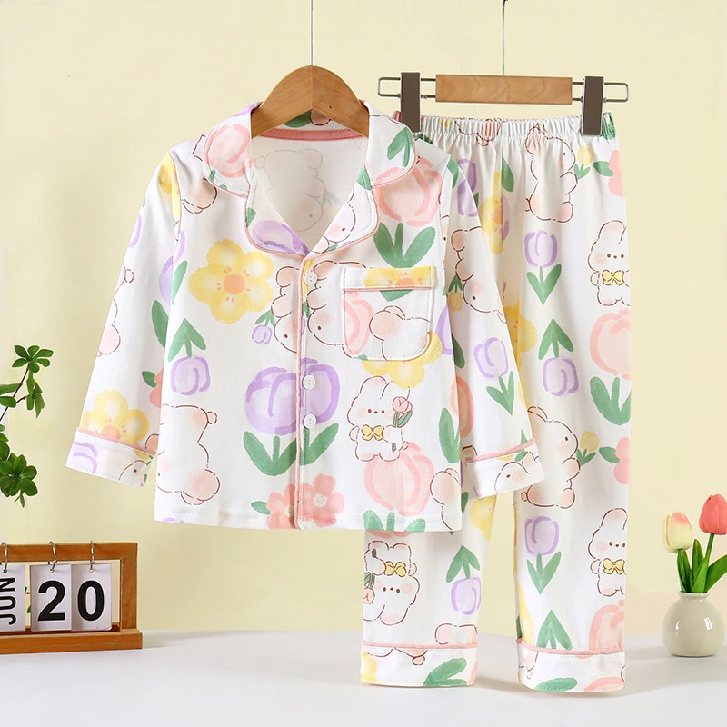 2025儿童睡衣a类精梳棉印花长袖开衫翻领套装新款中大童家居服套