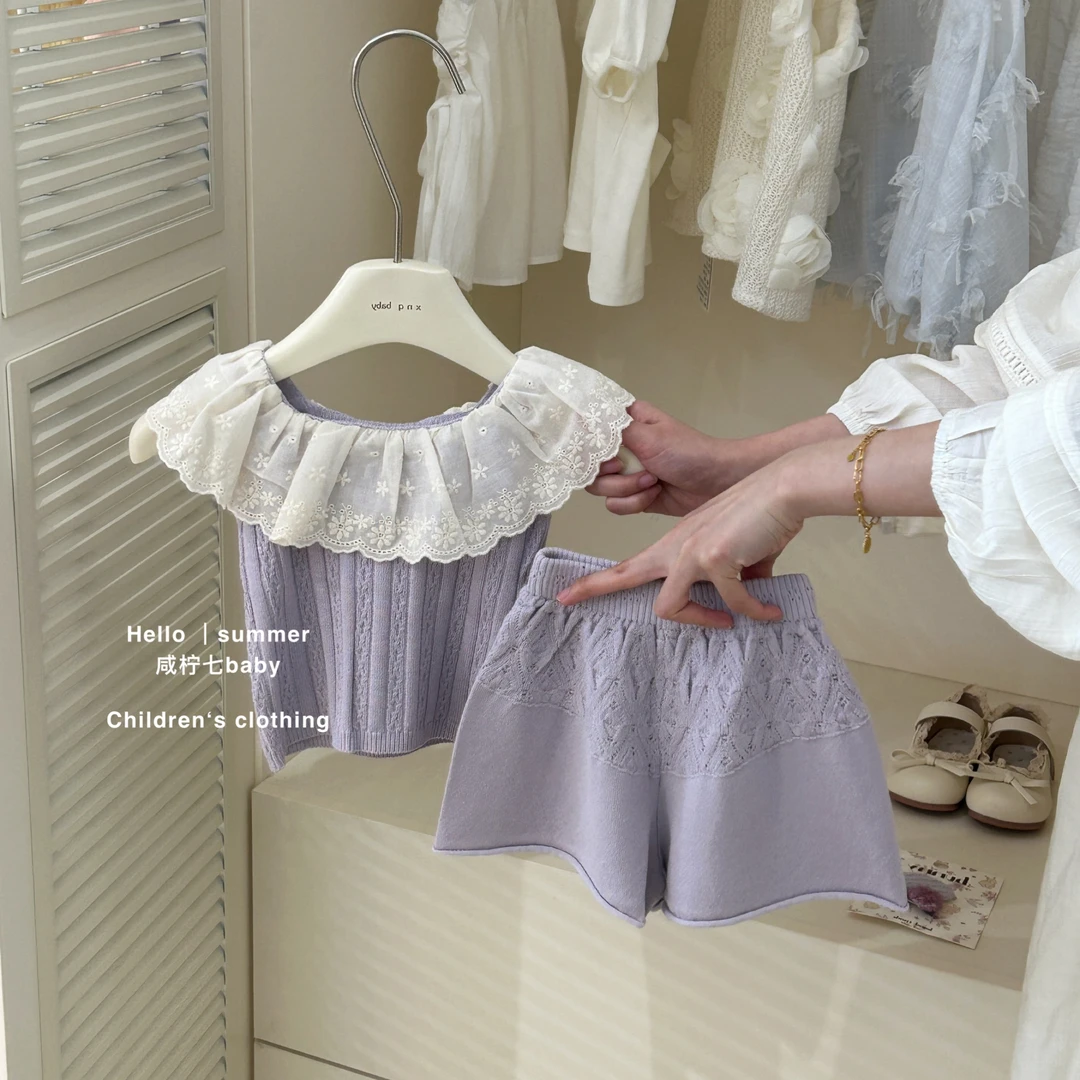 现【咸柠七】原创女童夏装套装2025新款网红蕾丝上衣短裤宝宝两件套