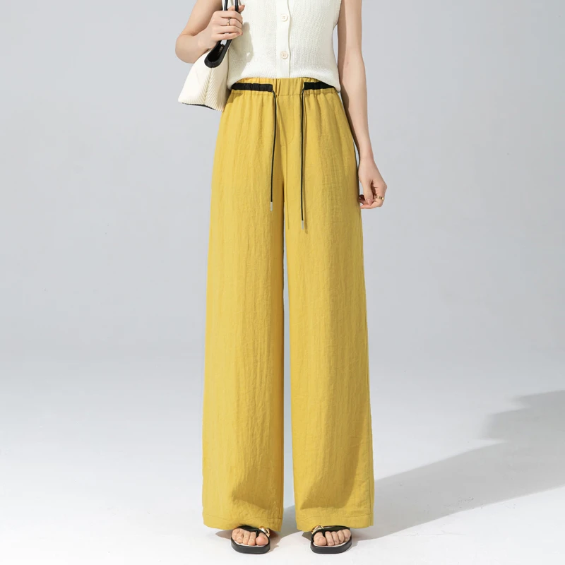 天丝阔腿裤女2025新款欧若风穿搭姜黄色裤子女夏季薄款亚麻直筒裤
