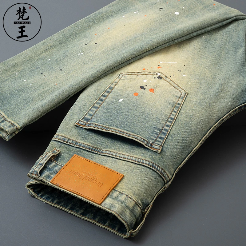 FANWANG/梵王春夏青年牛仔裤男修身小直筒青年喷墨九分休闲长裤子
