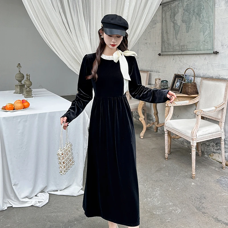 黑色法式复古赫本风蝴蝶结系带领连衣裙女2025春季新款气质A字裙