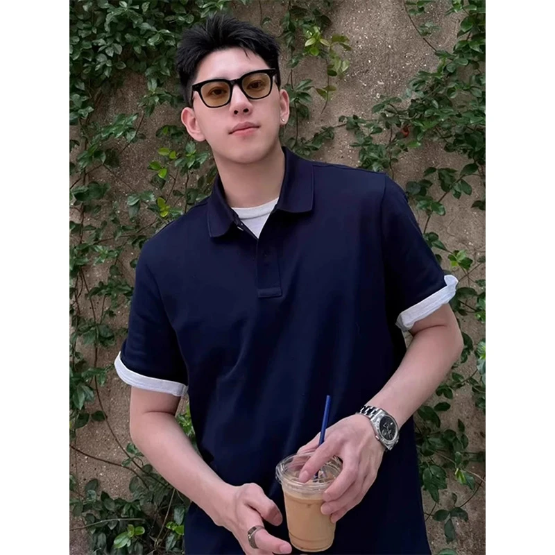 藏青色假两件polo衫短袖男夏季美式重磅翻领t恤cleanfit正肩半袖