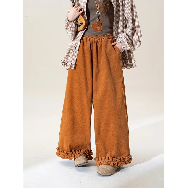 加肥大码300斤桔色木耳边拼接灯芯绒阔腿裤男女秋冬松紧腰休闲裤