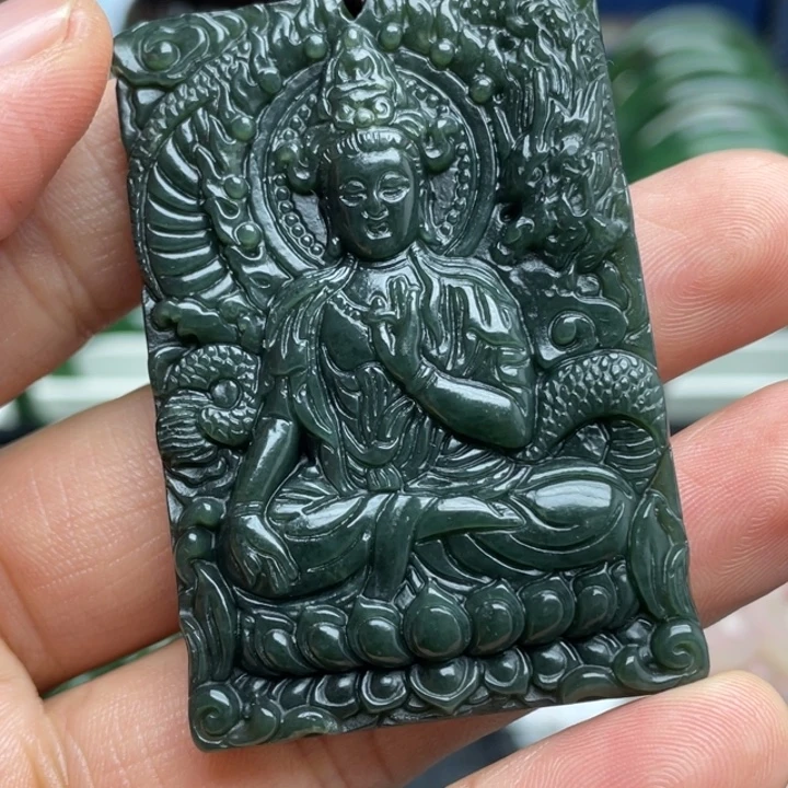 和田玉（青玉）未镶嵌颈饰青海青玉御龙观音吊坠