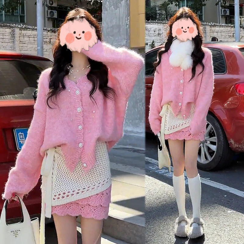 靓雅女【日落唱片】纯欲慵懒风套装女冬季V领针织衫高腰半身裙两件