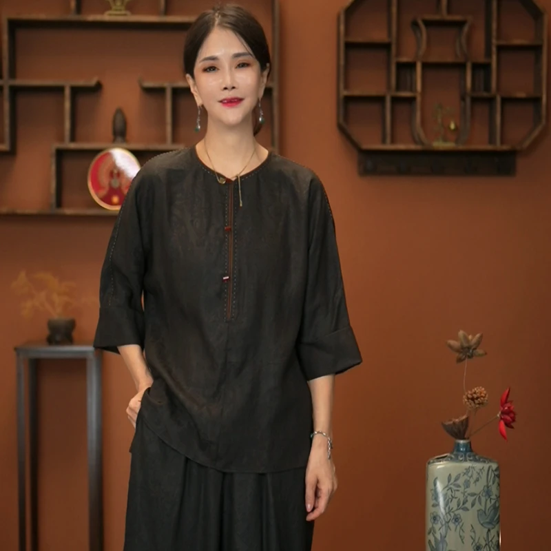 黛玫恩·【沉吟】香云纱莨花纱中国风复古正宗香云纱连衣裙46120037