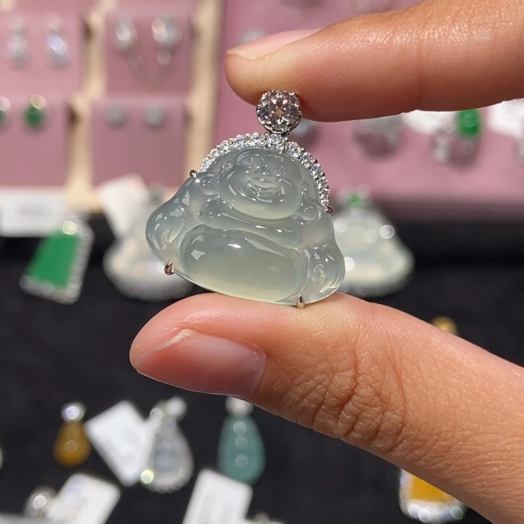 翡翠18K金镶嵌颈饰纯天然缅甸翡翠A货佛公
