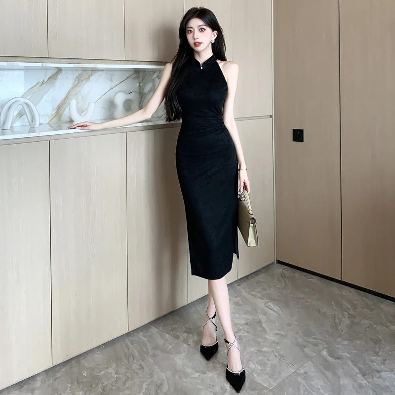 新中式年轻款包臀裙2025新款气质性感玫瑰提花黑色无袖旗袍连衣裙