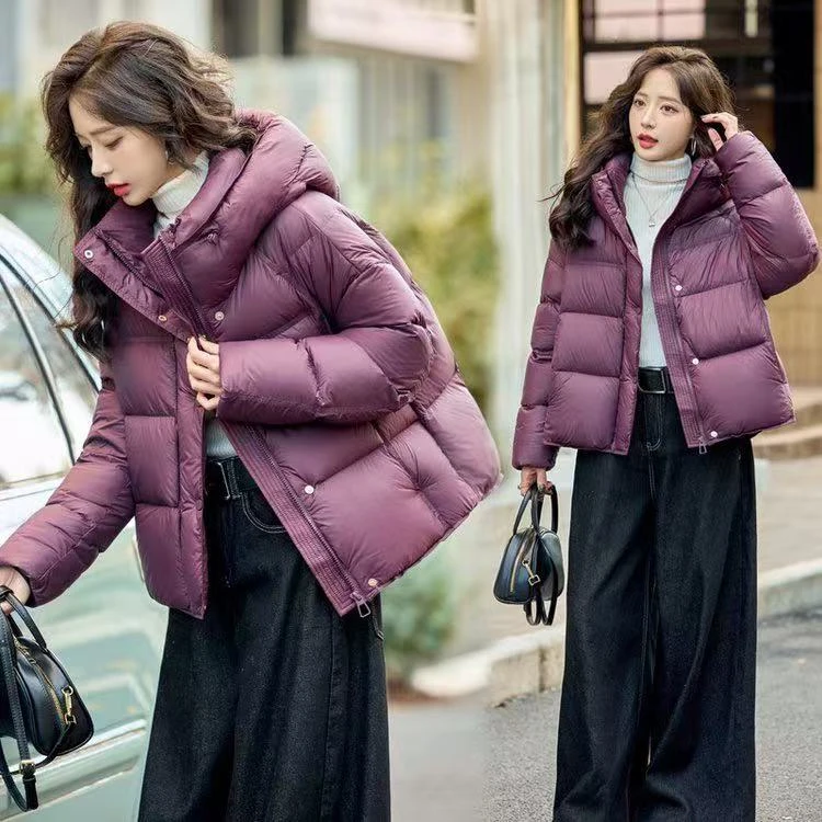 韩系紫色棉衣女2025年新款宽松短款棉服加厚棉袄女冬季连帽外套潮