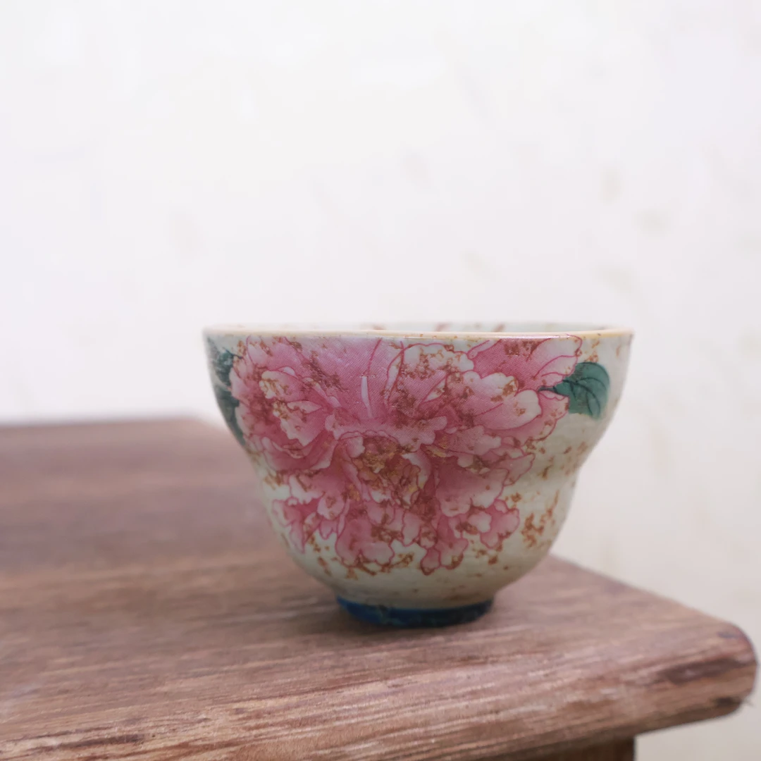 青花火石红牡丹葫芦杯