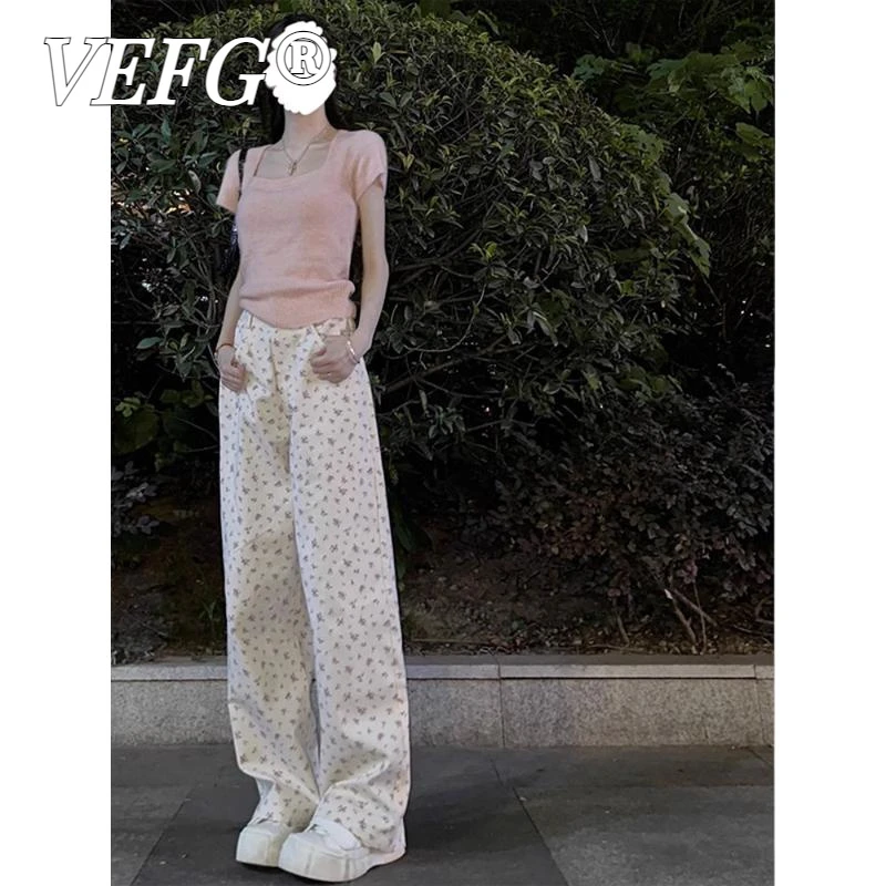 VEFG美式复古小碎花直筒牛仔裤女宽松显瘦高个子加长阔腿拖地裤子