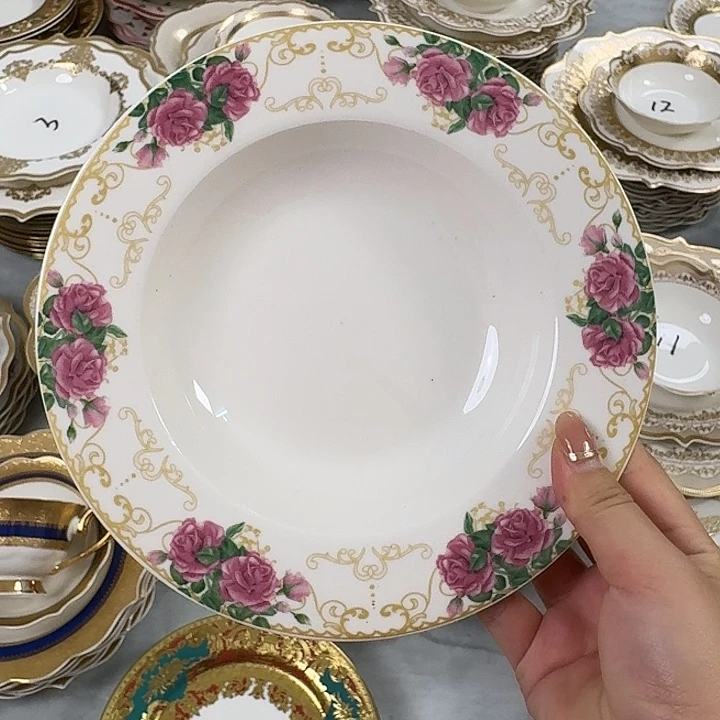 瓷8英寸玫瑰花草帽盘4个微瑕有小黑点