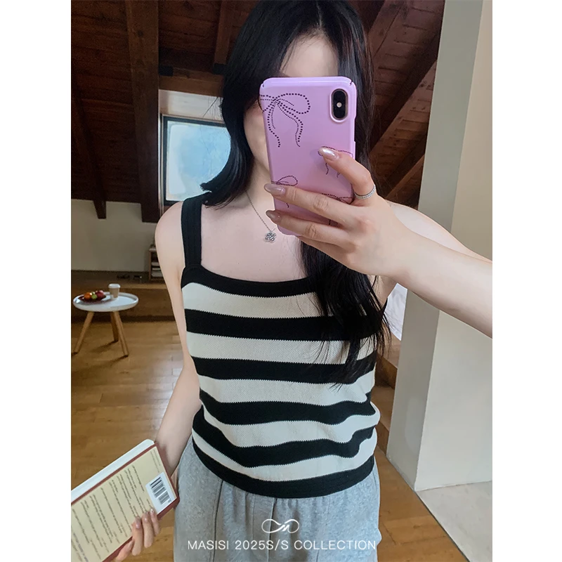 【宠粉回馈】马西西大码女装一字领条纹针织吊带背心胖mm宽松上衣