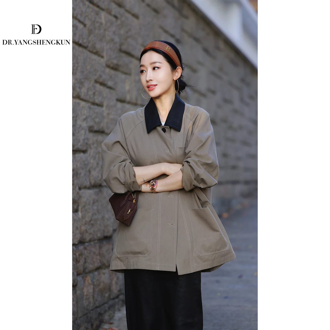杨圣坤2025秋季新品韩系高品质复古撞色中长款风衣外套SQ2581421