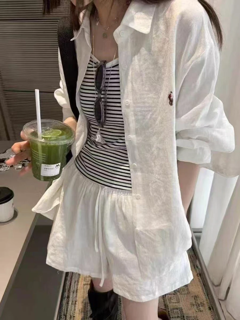 欧货衬衫时尚套装女2025春夏新款无袖背心阔腿短裤防晒三件套