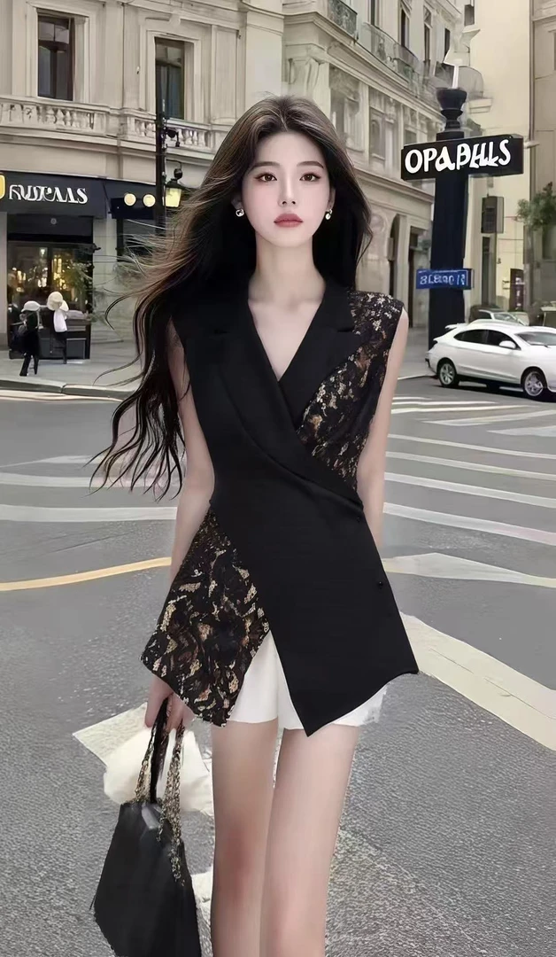 新款时尚松弛感穿搭黑色V领无袖不规则上衣+白色百搭短裤女两件套