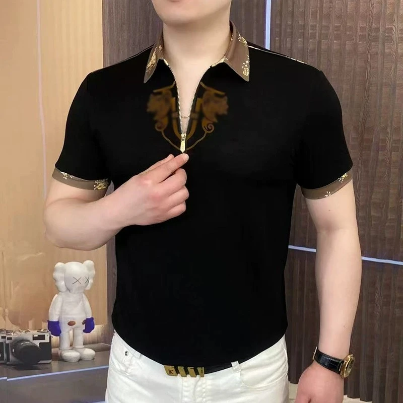 欧货立领冰丝短袖T恤青年痞帅潮牌烫钻凉感透气上衣高级感男装T恤