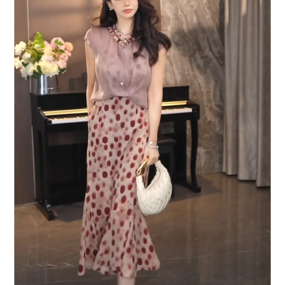 1法式气质显瘦连衣裙收腰设计复古印花夏季女装两件套