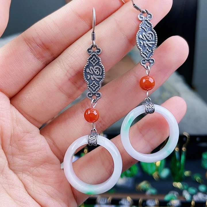 翡翠耳饰银S925镶嵌饰品