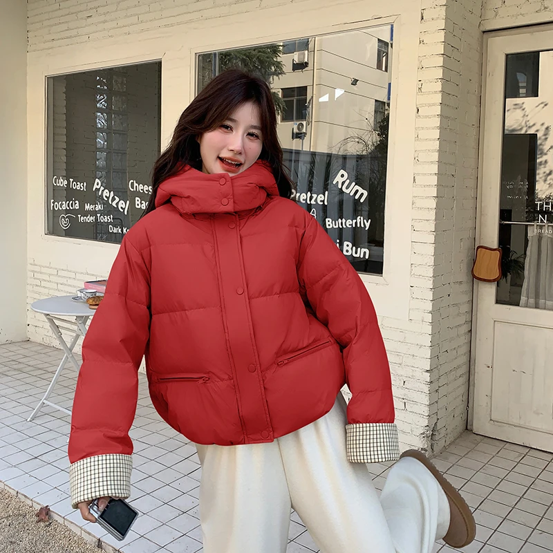 格子拼接学院风加厚面包服女2024年冬季新款韩系学生爆款撞色外套