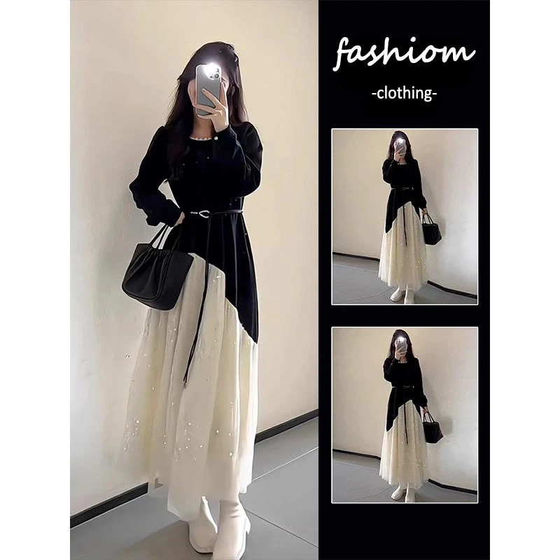 高级感赫本风时尚拼接连衣裙女2025年春秋季新款温柔百搭显瘦长裙