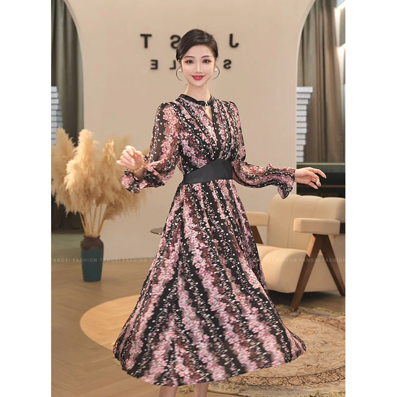 2025春秋新款【X-C266】减龄显白粉黑色碎花波点长袖连衣裙子女