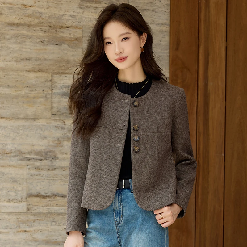 咖色小香风毛呢外套女2026新款法式气质高级感小个子精致短款上衣