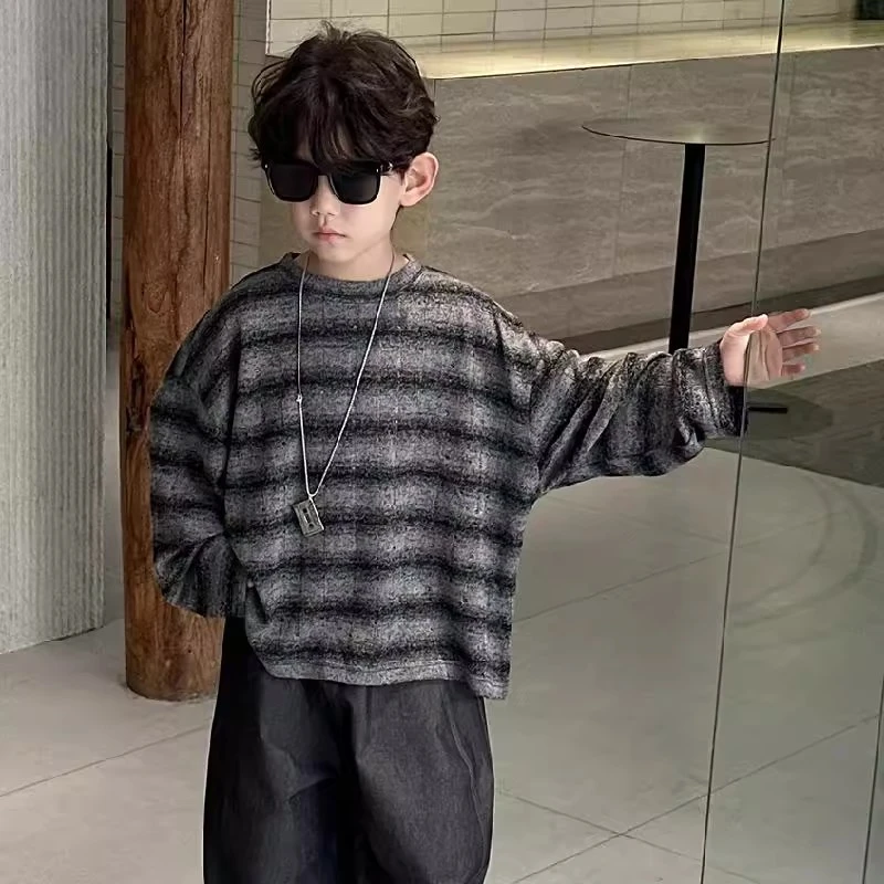 垂坠感~韩版男童条纹长袖t恤春秋款儿童宽松上衣女童慵懒童装百搭