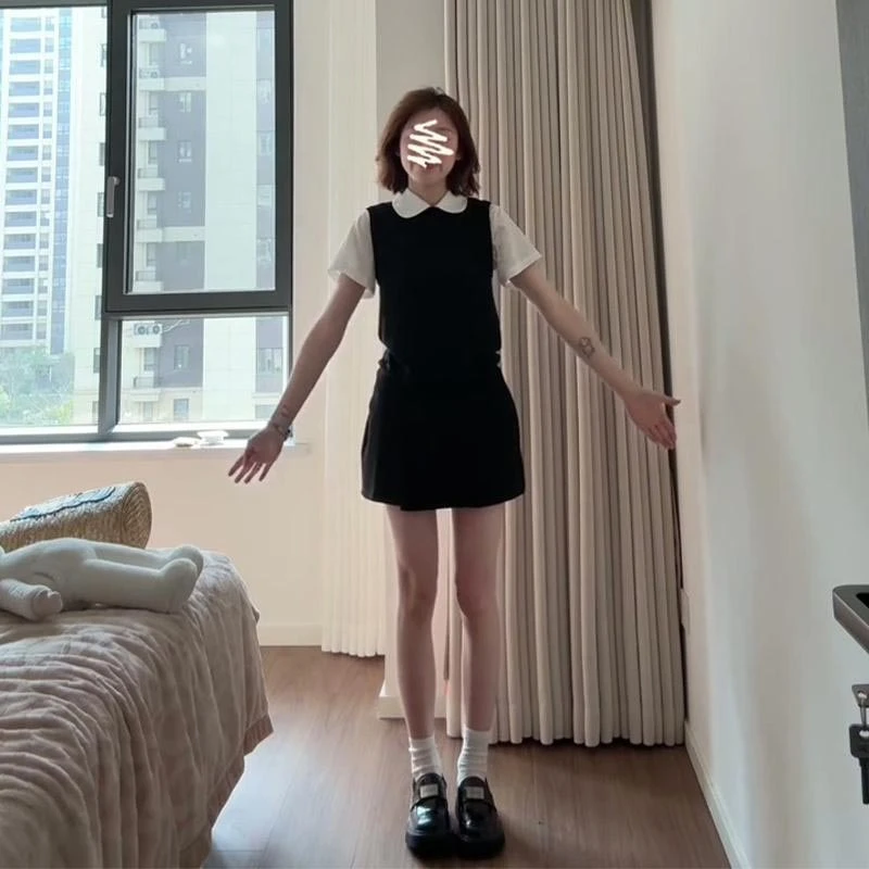 2025夏季韩式新款翻领短袖背心马甲衬衫高腰半身裙高级感两件套女