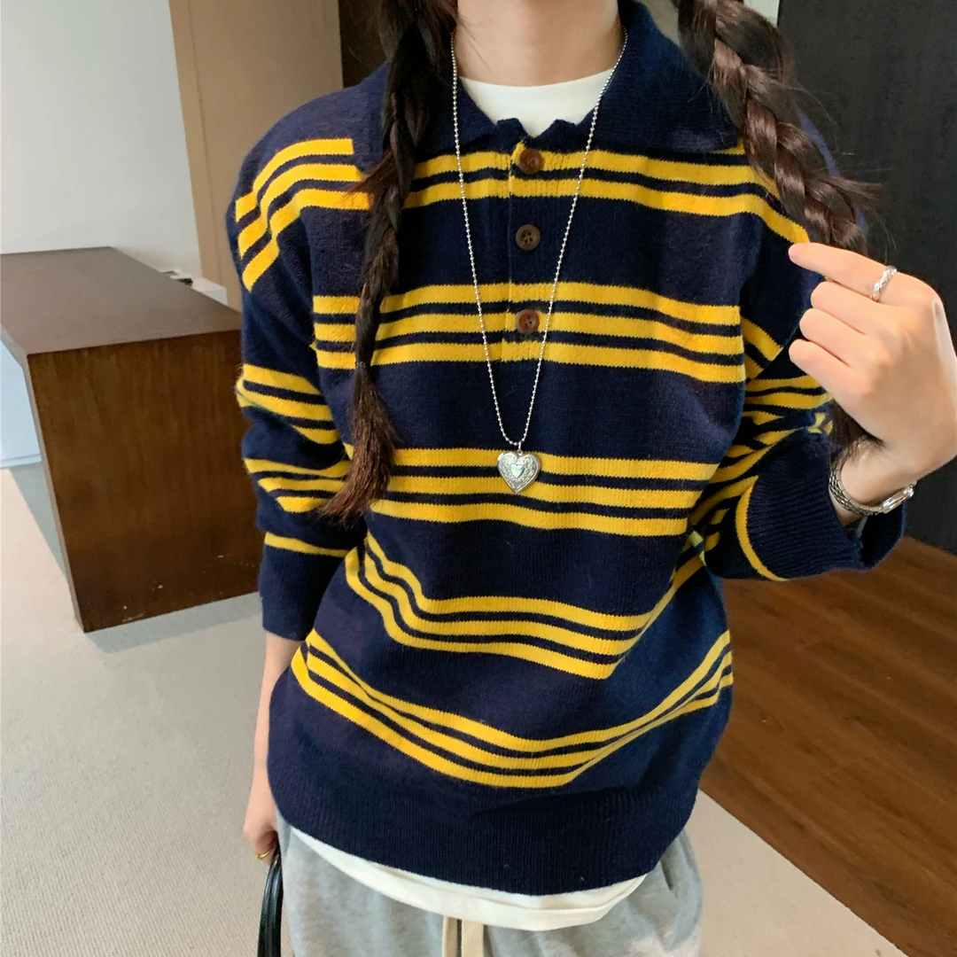 初中生高中复古翻领条纹毛衣女2025秋季新款韩版宽松学院风针织衫