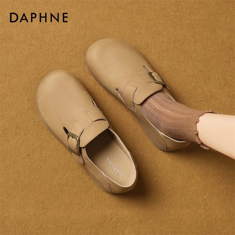 达芙妮纯色真皮复古平底勃肯女鞋夏季舒适防水台深口舒适百搭单鞋