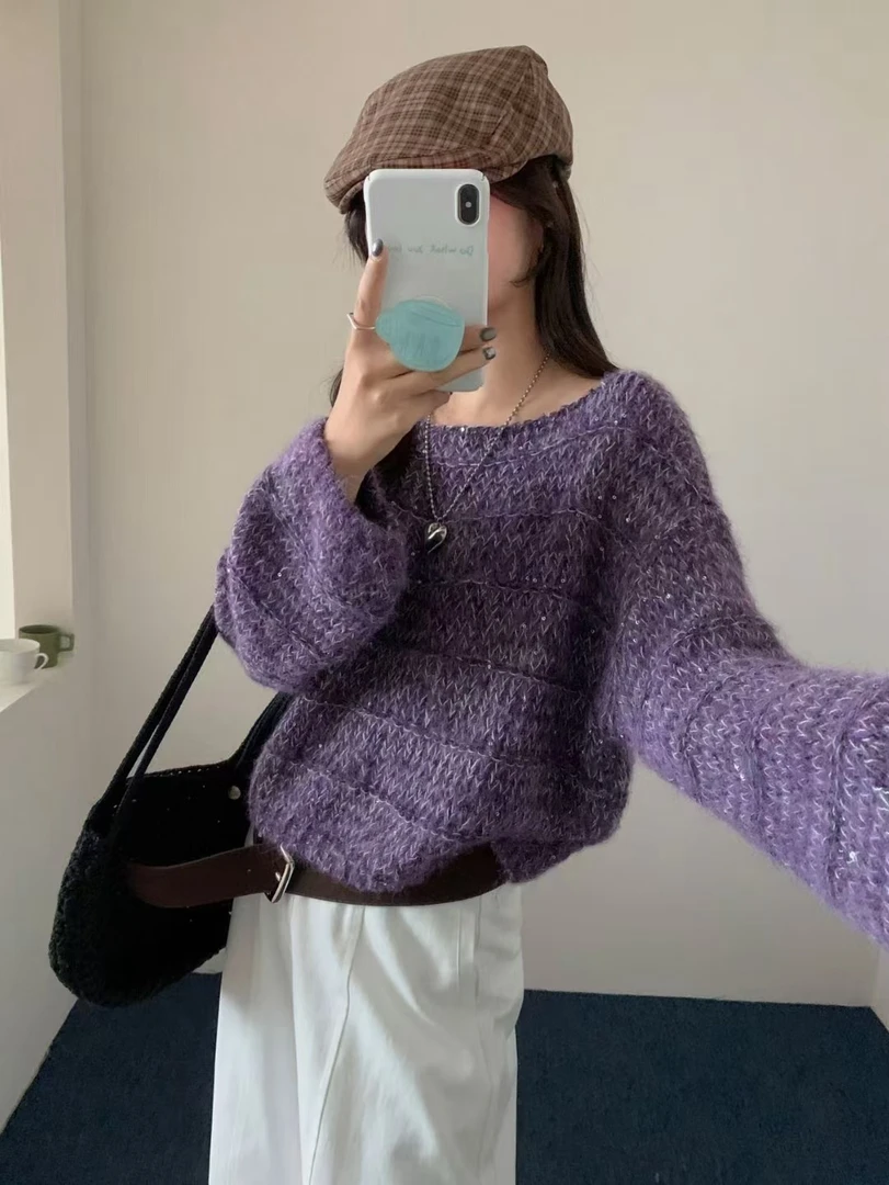 重工亮片一字领套头毛衣