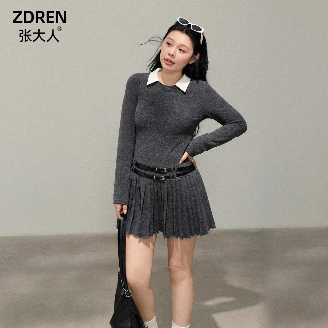 张大人【复古拿铁】大码女装微胖妹妹显瘦减龄撞色领针织百褶连衣裙