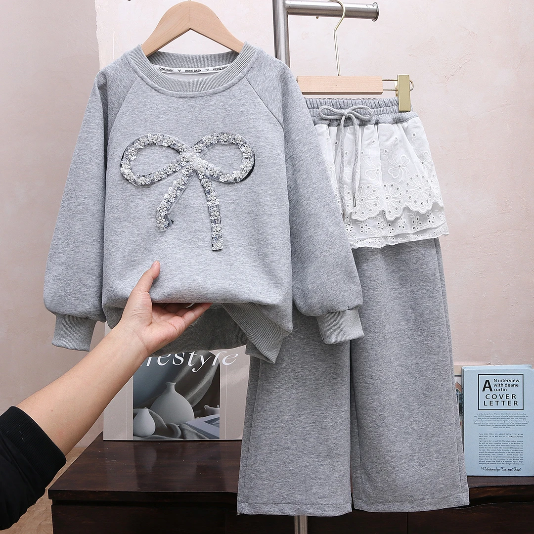 女童2025春款套装新款儿童圆领上衣长裤裙花边休闲蝴蝶结宽松春秋