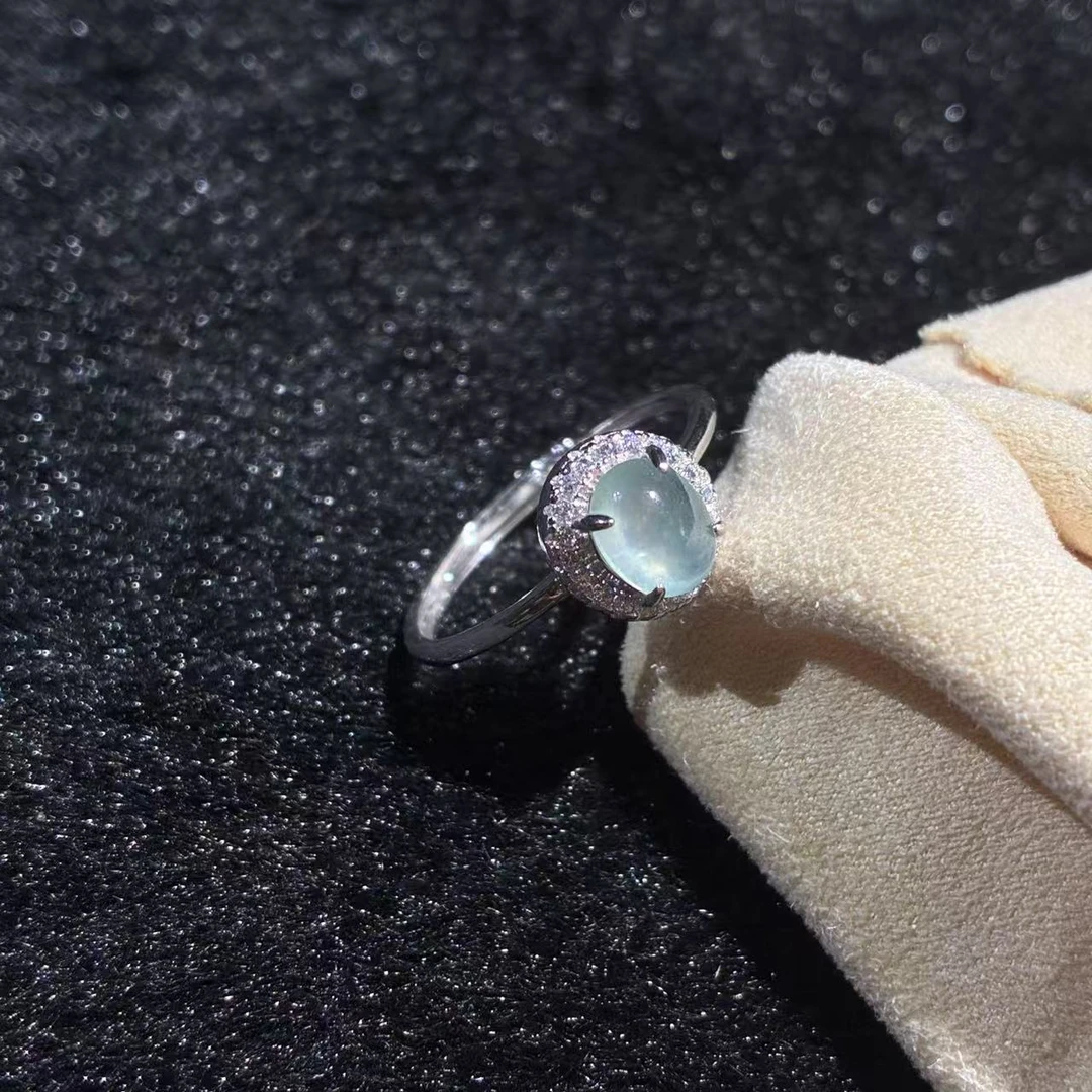 天然缅甸翡翠925银镶嵌戒指戒圈女士椭圆形豪华奢华银戒时尚气质