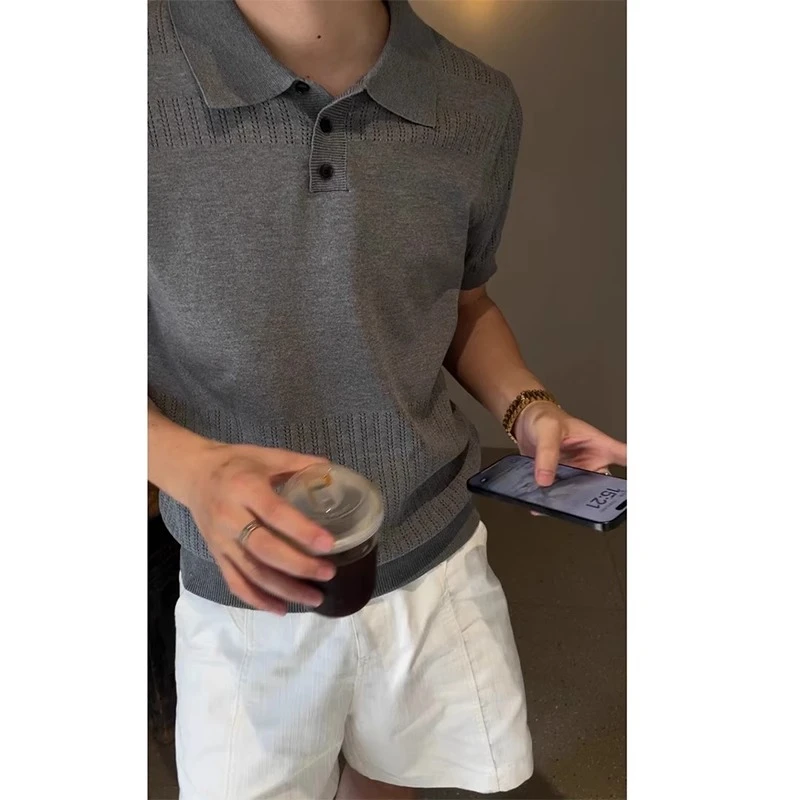 老钱风亨利领针织POLO衫短袖男夏季重磅翻领半袖美式复古正肩T恤