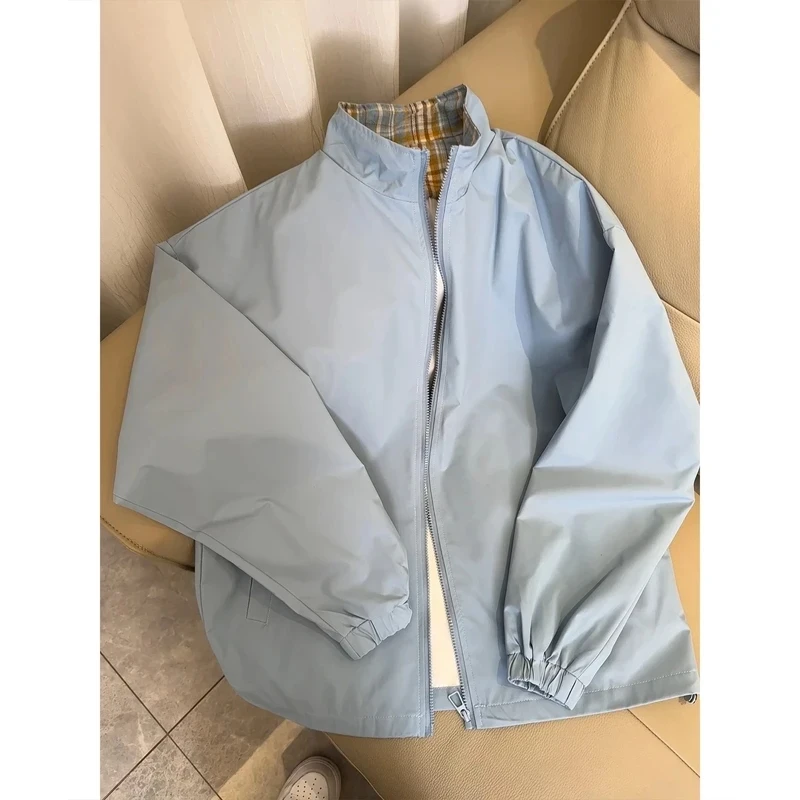 蓝色格子翻领外套男款春季潮牌美式飞行员夹克oversize情侣棒球服