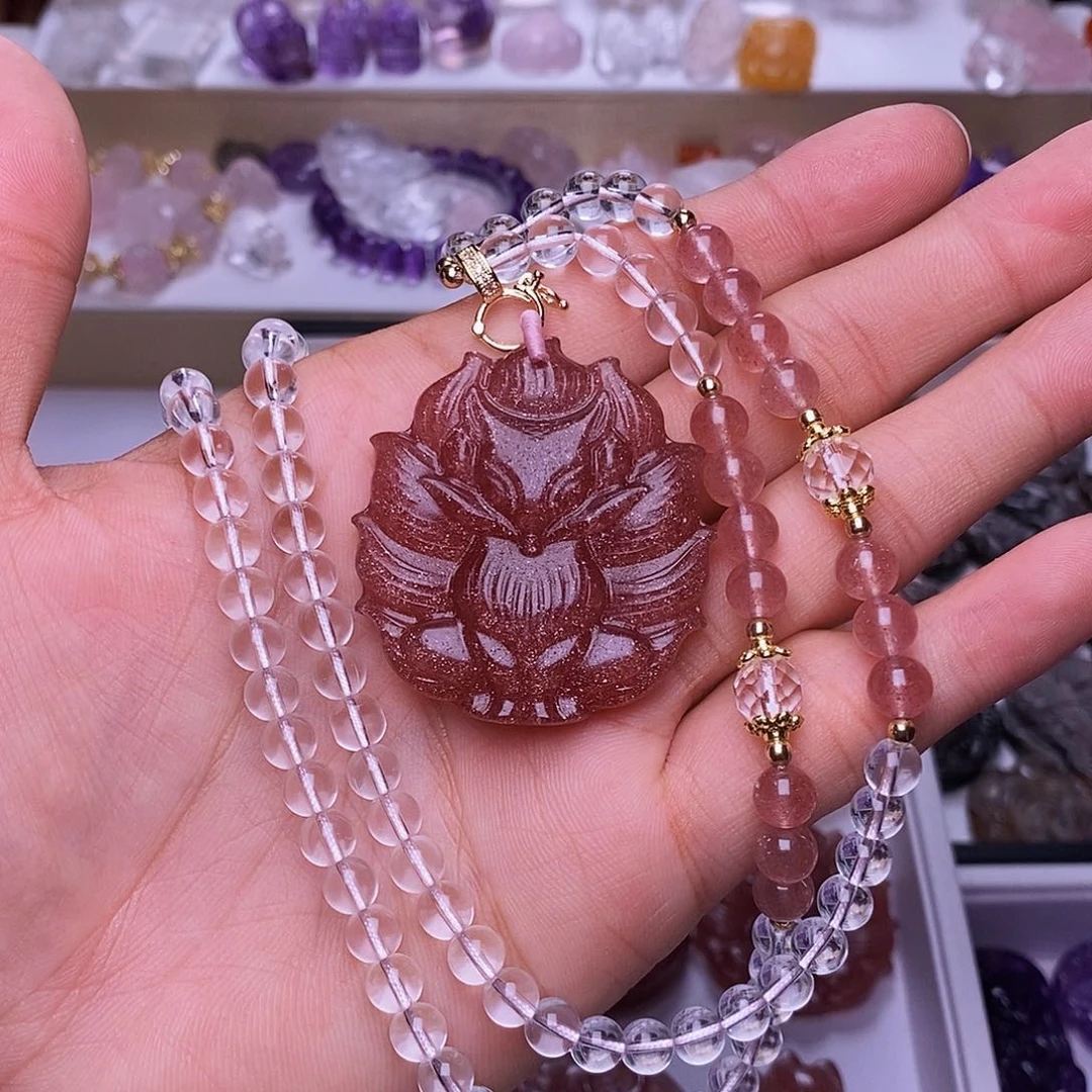 水晶颈饰未镶嵌草莓晶九尾狐吊坠 送链子