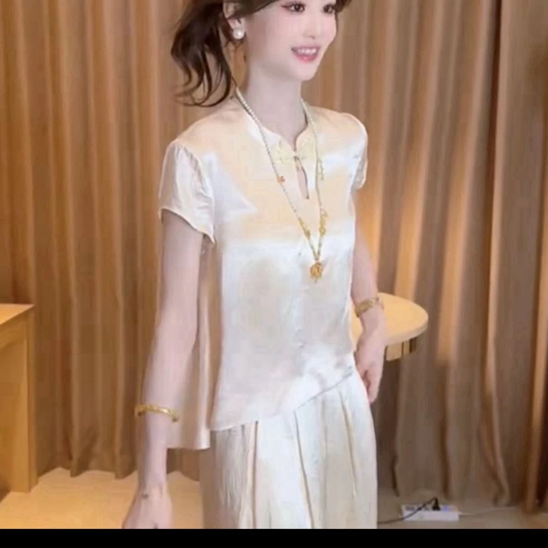 【现货】新中式国风减龄醋酸盘扣缎面无袖衬衫女夏季