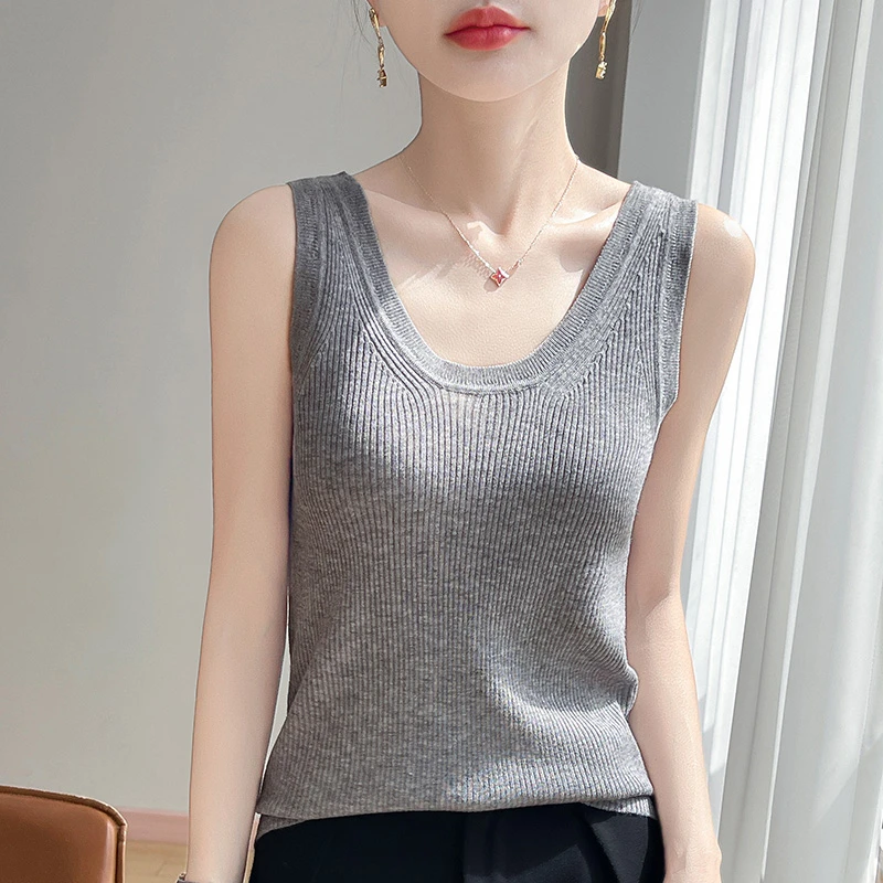 夏季精纺羊毛吊带女薄款圆领纯色针织内搭打底背心宽松上衣无袖