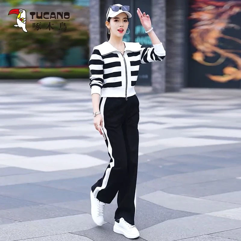 新款洋气减龄女休闲时尚春秋两件套阔腿裤运动开衫拉链拼接螺纹棉