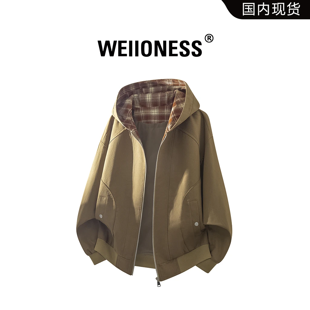 WEIIONESS潮流夹克男士秋季格纹帽百搭休闲大码工装上衣休闲外套