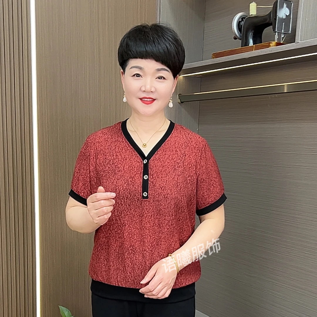 纯色休闲风V领极简风中老年女装大码宽松t恤夏装夏季薄款F8866