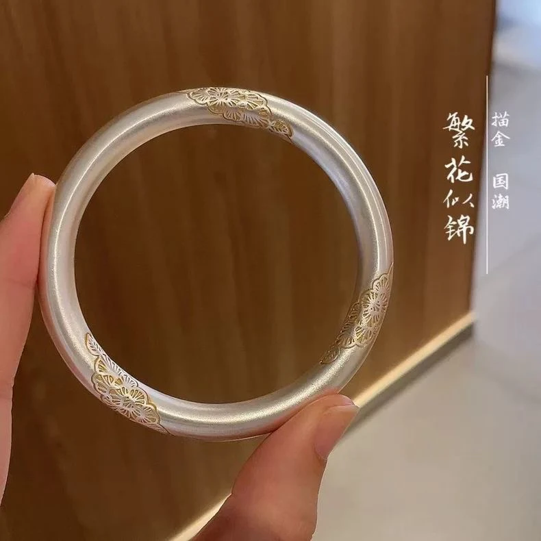 足银手镯 足银手镯35号描金繁花似锦荷花闭口银手镯