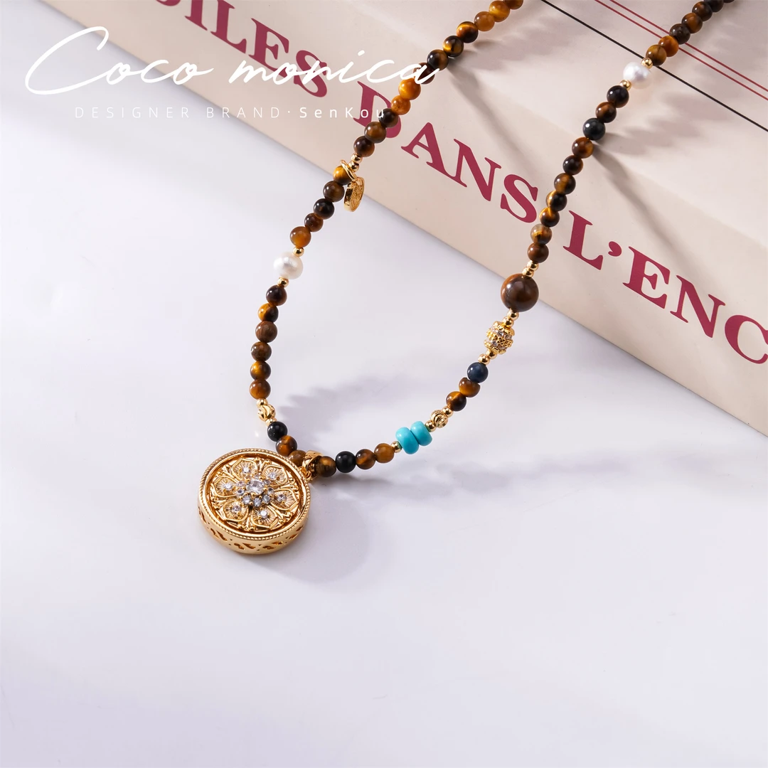 【小霞珠宝】虎眼罗盘项链珍珠可爱 彩色甜美中古手作 AS343