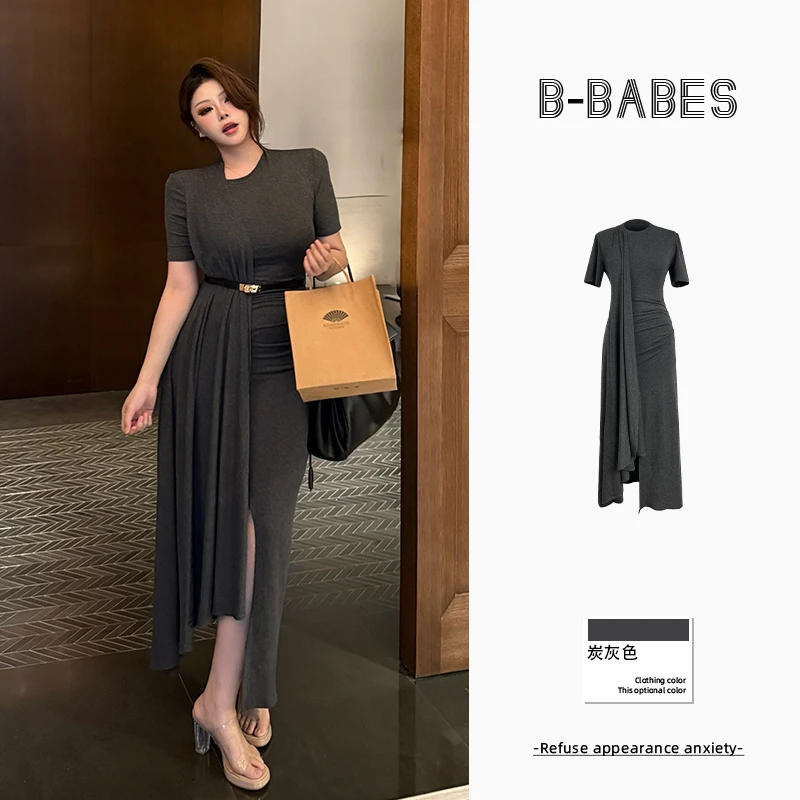 B-babes【超模感~】轻熟风高弹连衣裙纯欲气质微胖收腰复古长裙